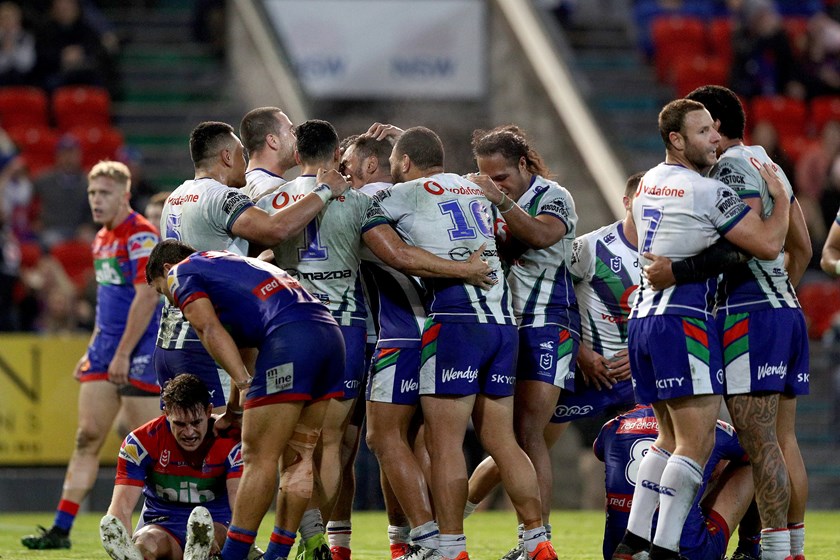 The Warriors celebrate their win over the Knights.