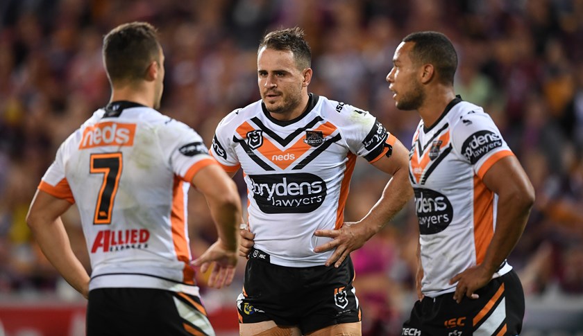 Wests Tigers trio Luke Brooks, Josh Reynolds and Moses Mbye.