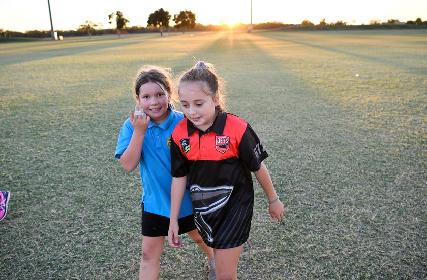 Two girls at an NRL clinic in Broome.