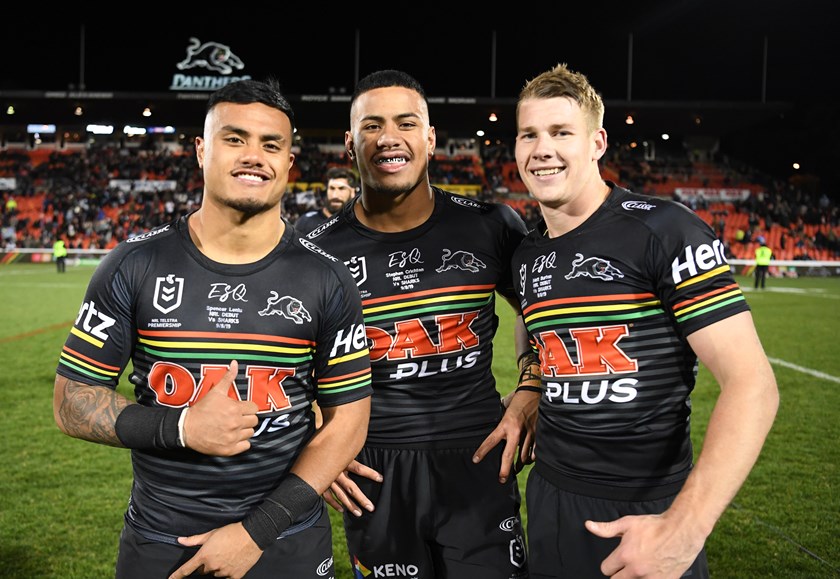 Panthers debutants Spencer Leniu, Stephen Crichton and Matt Burton in 2019.