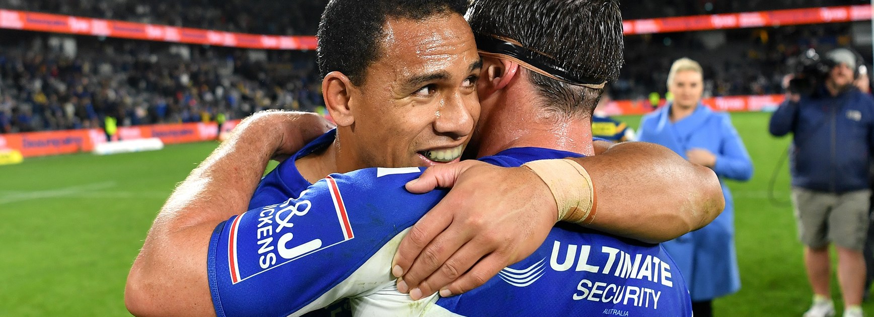 Will Hopoate and Josh Jackson celebrate a win.