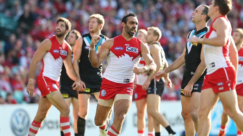 Adam Goodes celebrates a goal.