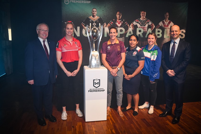 ARL Commission chairman Peter Beattie, Keze Apps, Ali Brigginshaw, Simaima Taufa, Georgia Hale and NRL CEO Todd Greenberg.