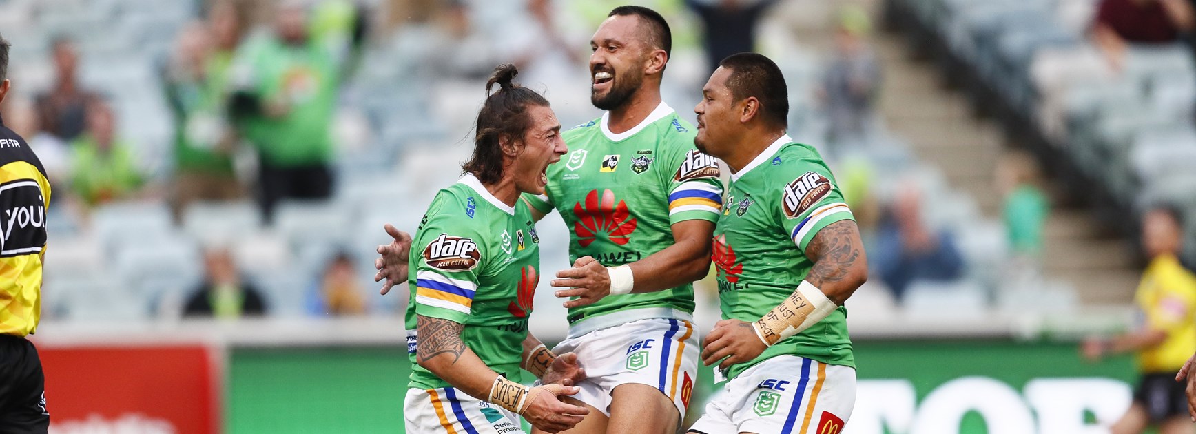 Raiders fullback Charnze Nicoll-Klokstad celebrates a try.