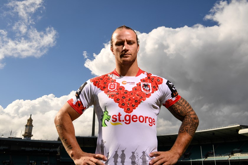 Dragons forward Korbin Sims in the club's 2019 Anzac Day strip.