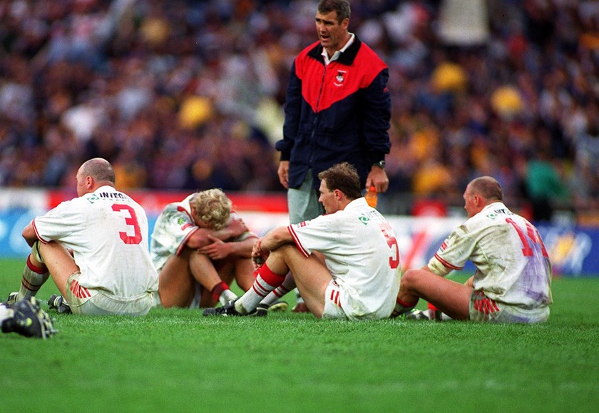 Andrew Farrar with Paul McGregor, Nathan Brown, Jamie Ainscough and Craig Fitzgibbon at the end of the 1999 grand final.