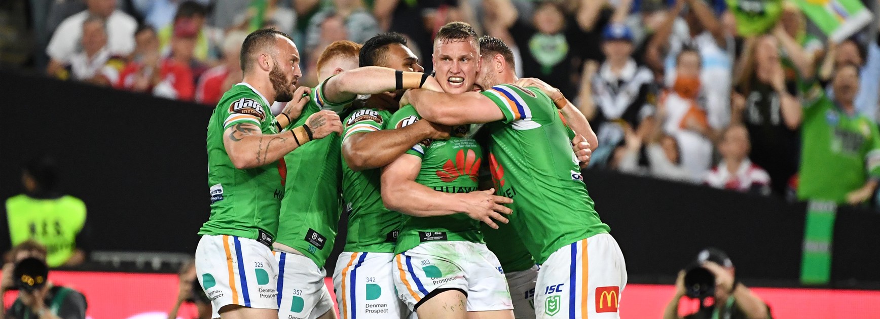 Jack Wighton scores and the Raiders celebrate.