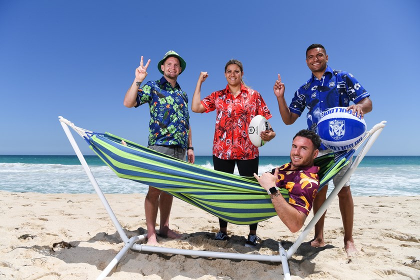 Canberra's Jarrod Croker, St George Illawarra's SHaylee Bent, Canterbury's Marcelo Montoya and Brisbane's Darius Boyd at the launch of the 2020 Nines.