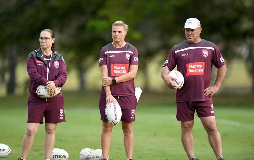 Nat Dwyer, Karen Murphy and Jason Hetherington coaching the Maroons Women's team.