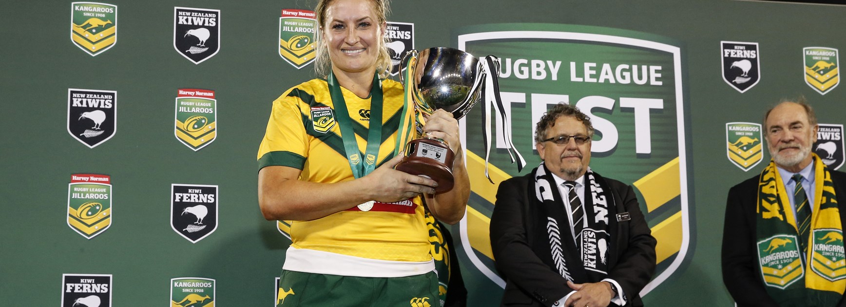 Ruan Sims celebrates the Jillaroos' win over the Kiwi Ferns in 2017.