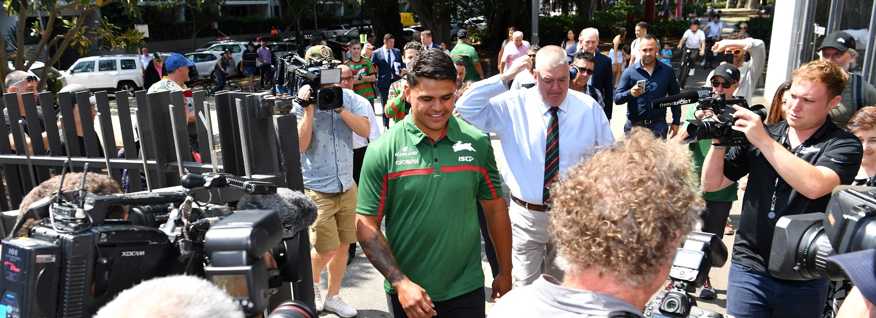 Latrell Mitchell arrives at Redfern.