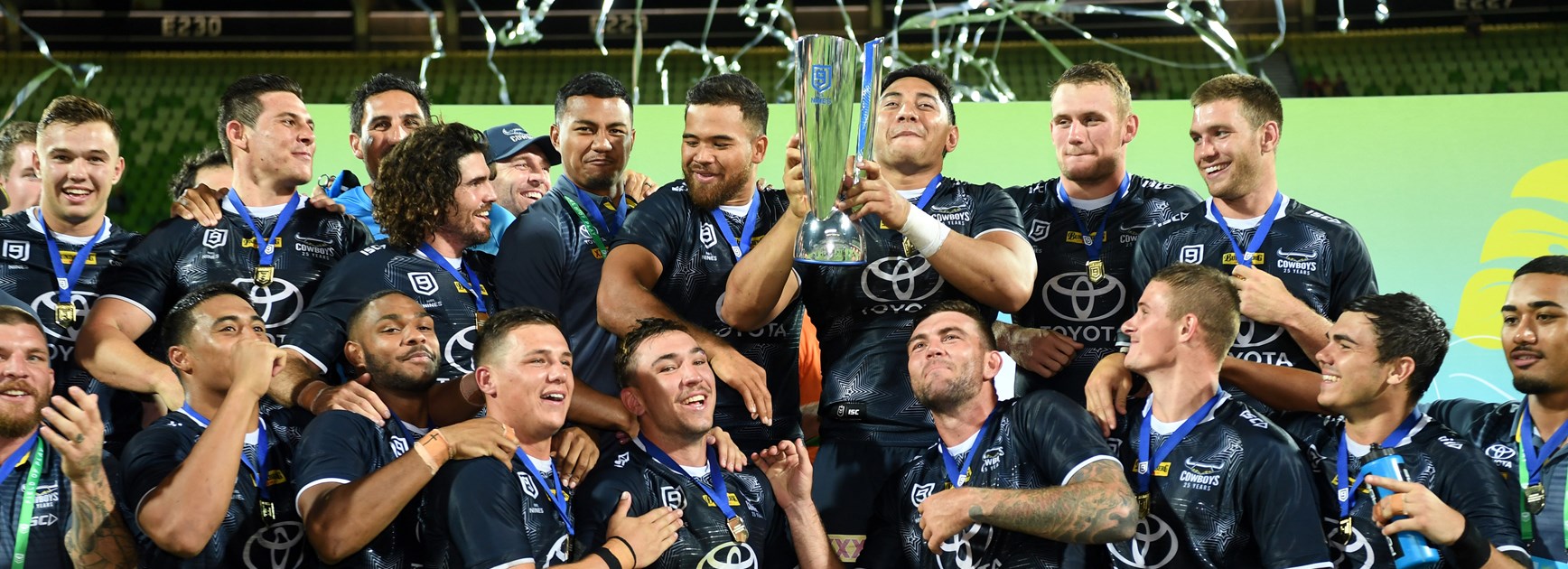 North Queensland raise the 2020 NRL Nines trophy.