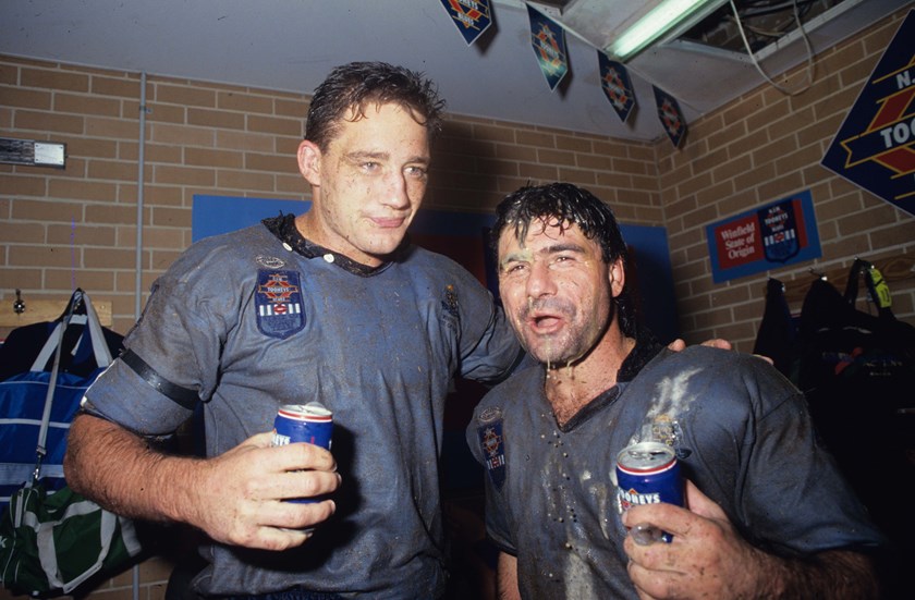 Mark Geyer and Benny Elias are jubilant in the sheds after game two of the 1991 Origin series.