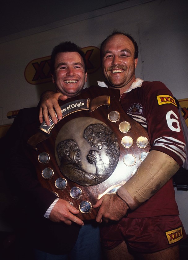 Maroons coach Graham Lowe and captain Wally Lewis with the Origin shield in 1991.