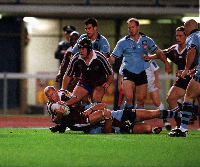 Allan Langer scores at Lang Park during Origin III in 2001.