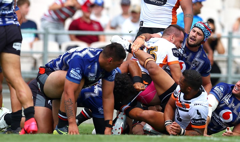 Josh Reynolds after scoring against the Warriors.