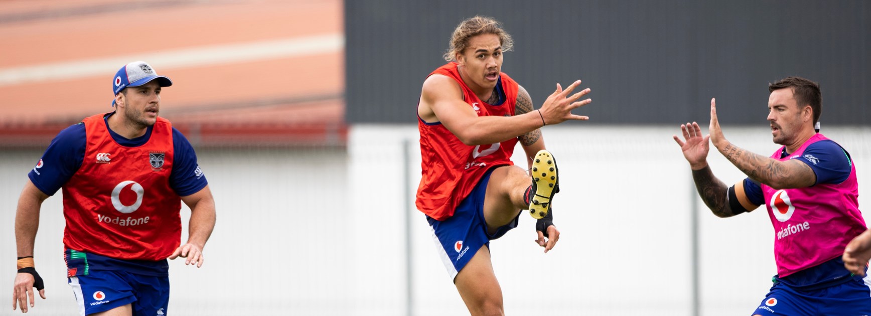 Chanel Harris-Tavita practises kicking at training.