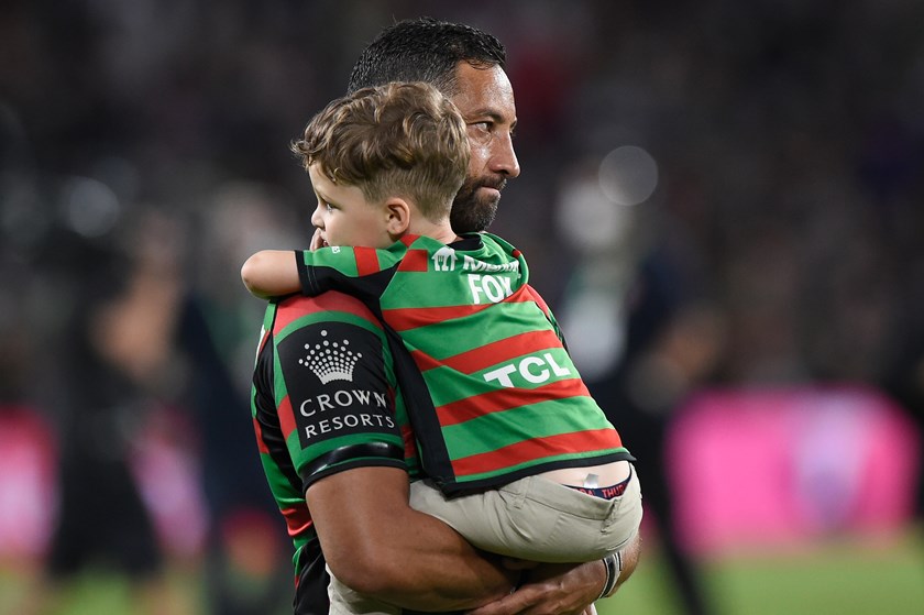 Rabbitohs utility Benji Marshall and son Fox after the grand final loss to Penrith.