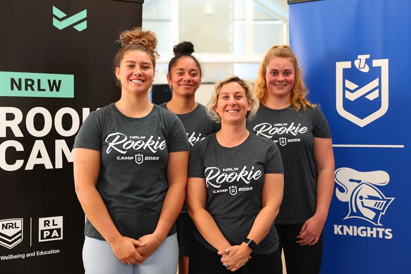 Tayla Predebon (right) with Knights NRLW well-being officer Holly Fuda and teammates Kyra Simon and Emma Paki at rookie camp on Monday.