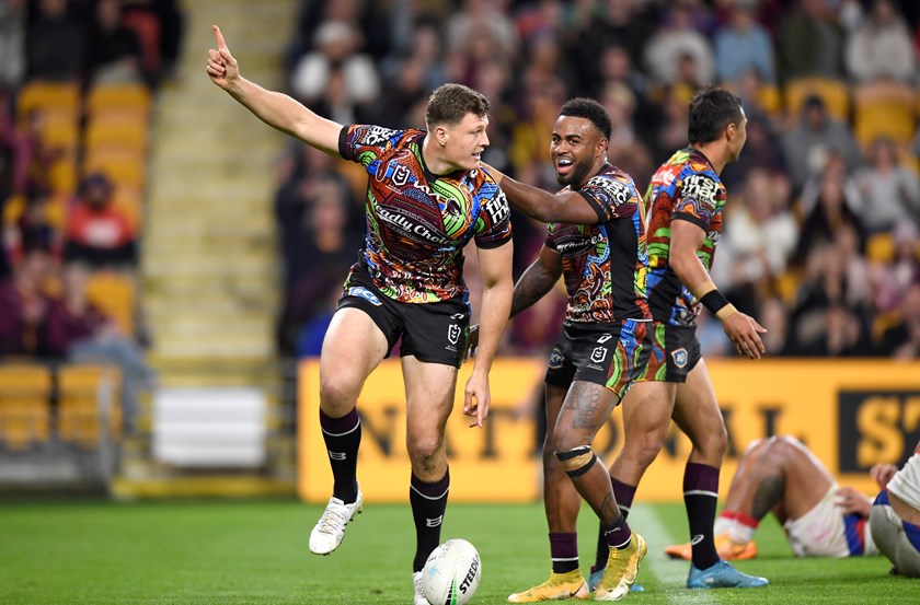 Rhys Kennedy celebrates a try for the Broncos earlier this year.