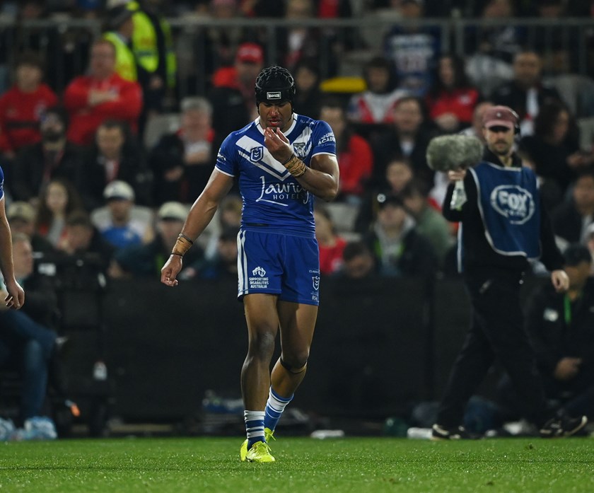 Stephen Crichton shows concern over his bloodied nose during the Round 23 Bulldogs-Dragons match in which he alleged he was bitten by Kyle Flanagan.