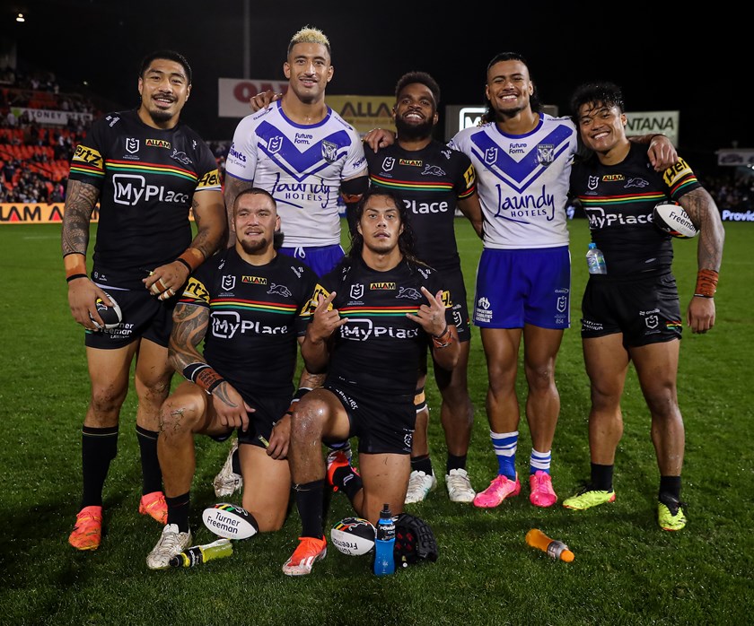 Ex-Panthers Viliame Kikau and Stephen Crichton with Moses Leota, Sunia Turuva, Brian To'o, James Fisher-Harris and Jarome Luai. 