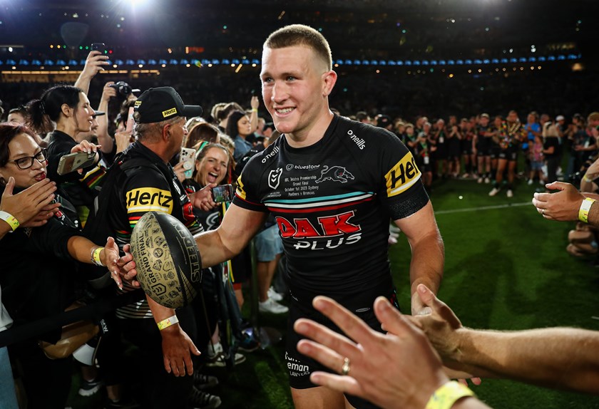 Mitch Kenny celebrates last year's grand final win against the Broncos.