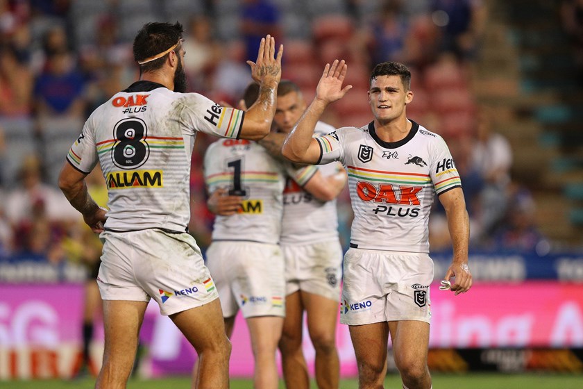 James Tamou celebrates with Nathan Cleary after a win in 2019.