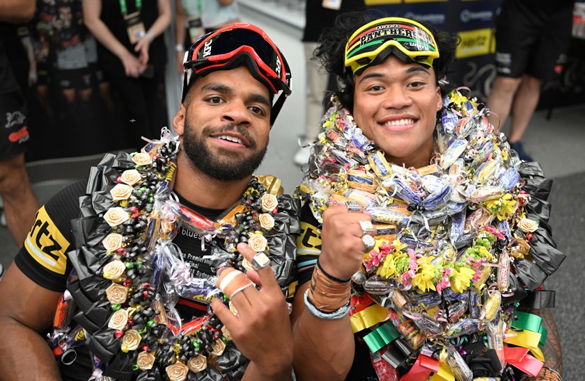 Sunia Turuva and Brian To'o celebrate Penrith's 2023 grand final win.