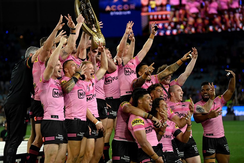 The Panthers celebrate their fourth consecutive premiership win.