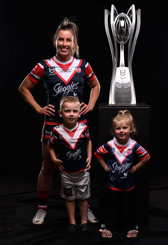 Sam Bremmer with son Reef and daughter Lakey as she prepares for the NRLW grand final.