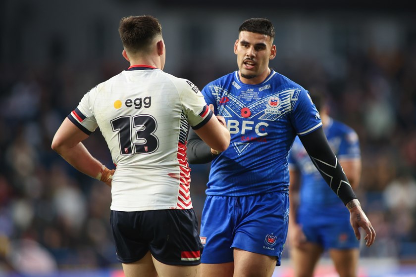 Samoa prop Terrell May and Sydney Roosters team-mate Victor Radley after England's second Test win in Leeds.