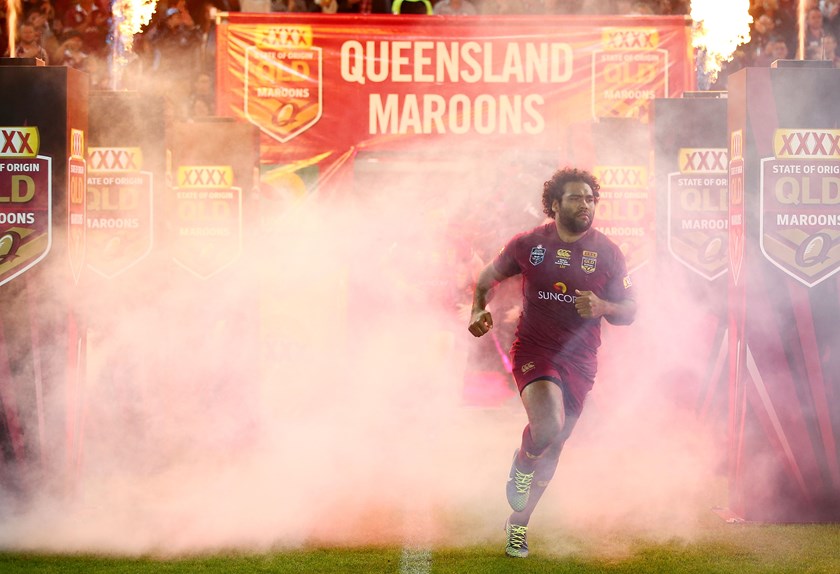 Sam Thaiday runs out for the 2015 Origin decider at Suncorp Stadium, won 52-6 by the Maroons.