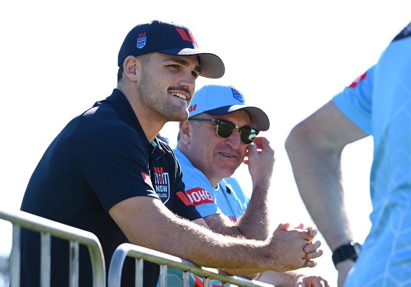 Injured star Nathan Cleary watched NSW's first training session in the Blue Mountains.
