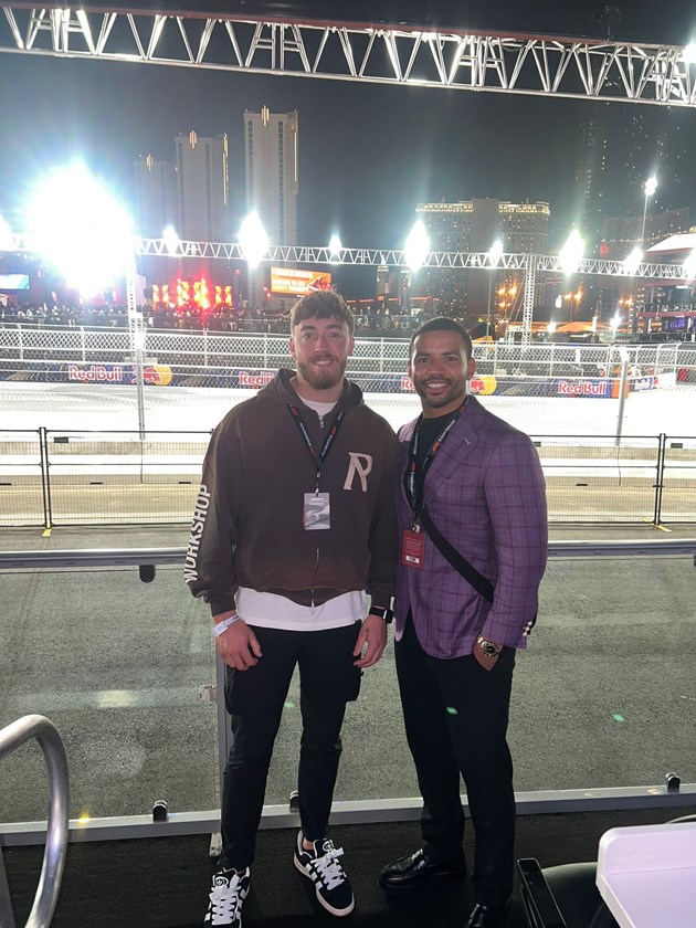 Warrington's Matty Ashton and Wigan's Kruise Leeming at the F1 in Las Vegas.