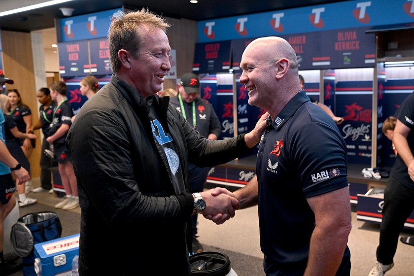 Sydney Roosters NRL coach Trent Robinson congratulates John Strange after the 2024 NRLW grand final.