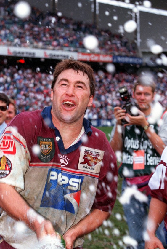 Terry Hill celebrates Manly's 1996 grand final win over St George.