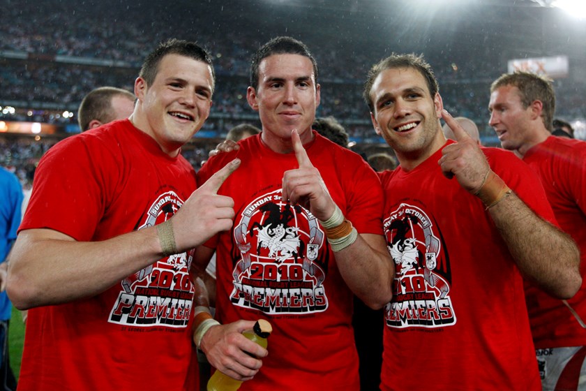 Dragon delight (l to r): Brett Morris, Darius Boyd and Jason Nightingale after the 2010 decider.