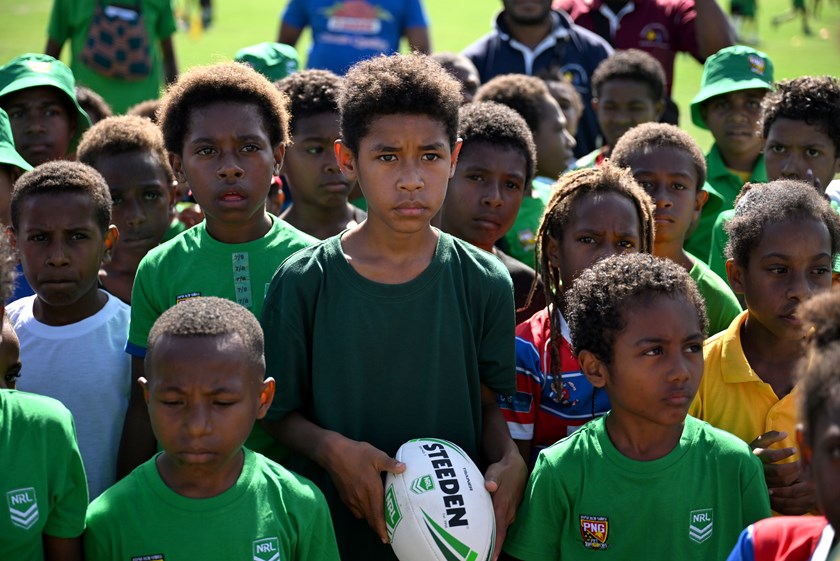 Junior players at an NRL coaching clinic in Port Moresby.