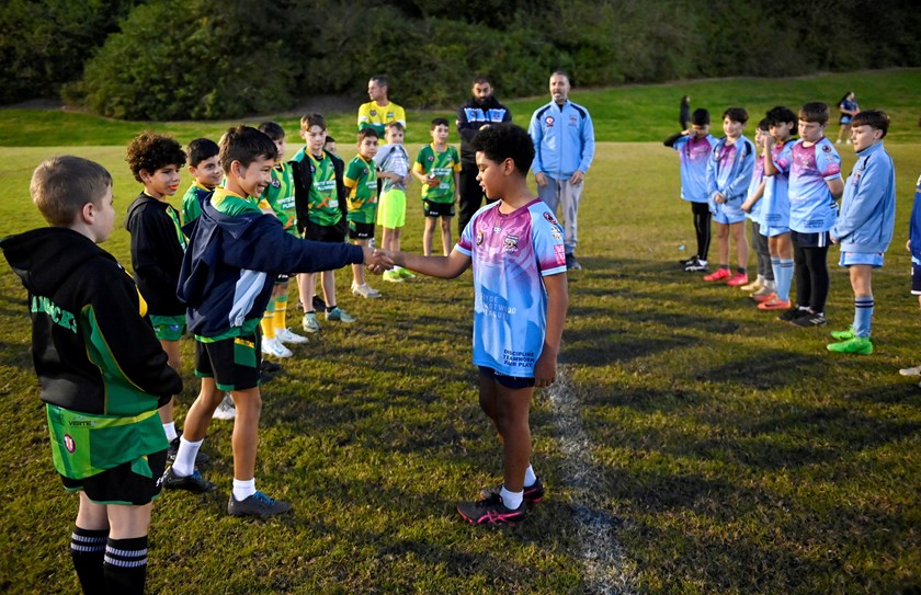 Players from Dundas Shamrocks (left) and Carlingford Cougars U10s meet each other at a joint training session before playing for the I 4Give Cup.