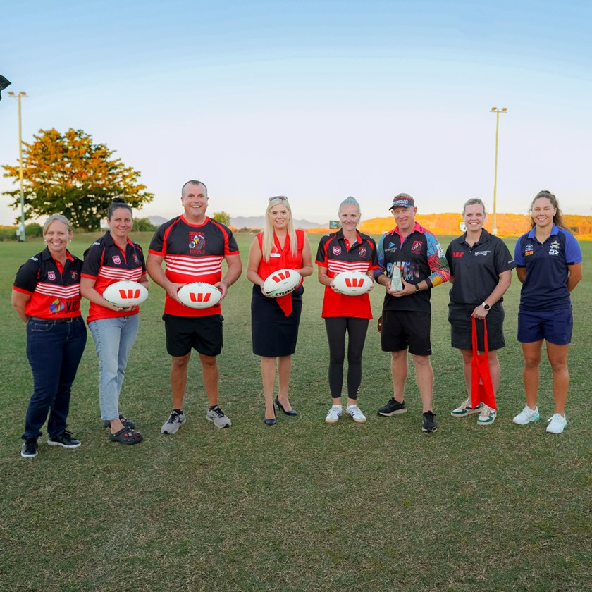 Community Rugby League Club of the Year Award winners Bowen Seagulls join Fran Blackburn (Westpac), Nicola Skinner (GM Community Programs and Tahlulah Tillett (North Queensland Cowboys).